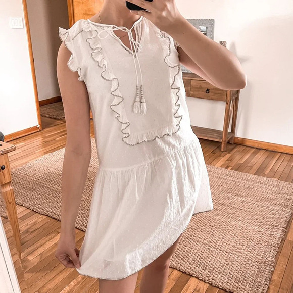FLANNEL White Cotton Ruffled Tassle Tie Bohemian Cottagecore Designer Mini Dress - Picture 1 of 9